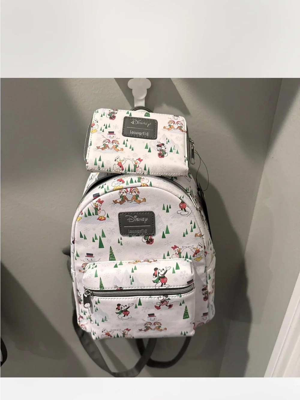 New Disney x Loungefly White Mini Backpack and wallet set with Holiday Print